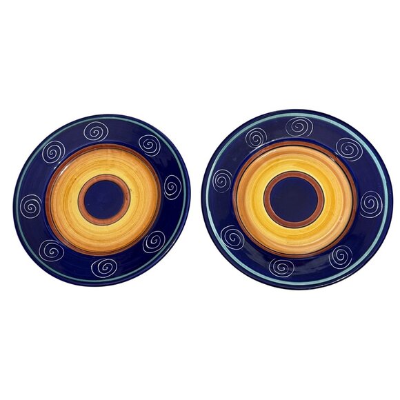 Handpainted Pier 1 Italian Swirl Earthenware Plates 11.5" Blue & Orange Set of 2 - Picture 1 of 6